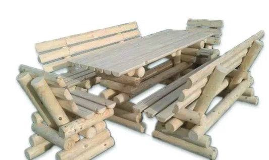 Rustikale Gartengarnitur aus Massivholz / Sitzgruppe (Tisch + Bänke)