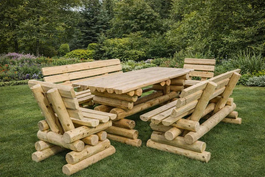 Rustikale Gartengarnitur aus Massivholz / Sitzgruppe (Tisch + Bänke)