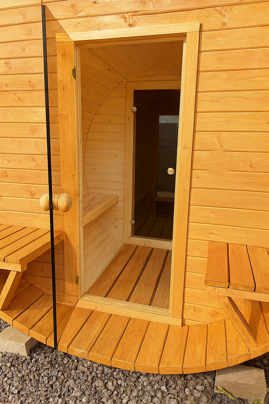 Fasssauna 200X350 cm mit Umkleideraum und Terrasse